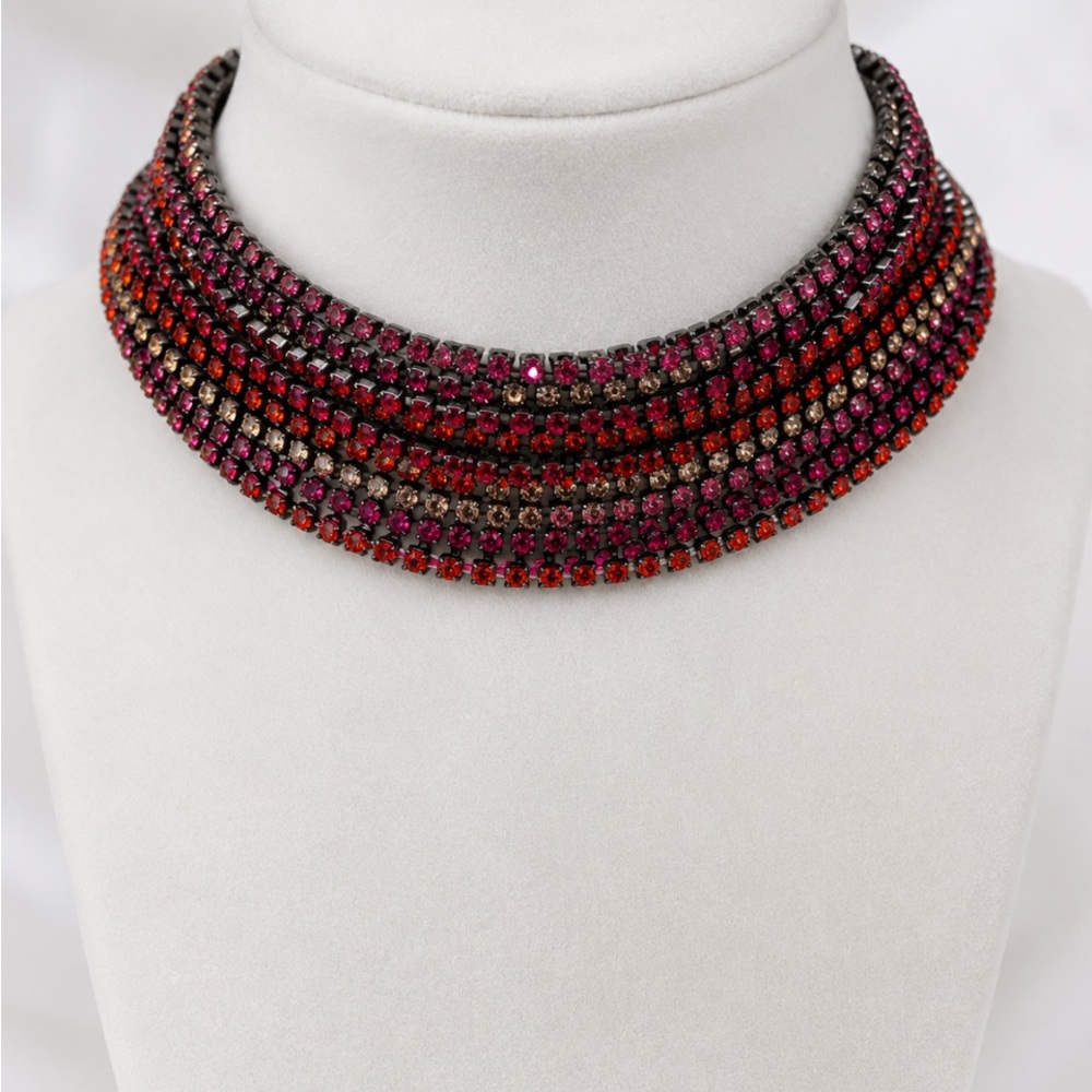 B & W (Butler & Wilson) VTG 1969 Multi-Row Pink and Red Crystal Choker Necklace